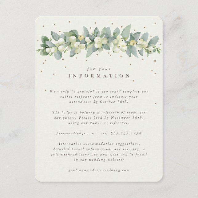 Cream Snowberry+Eucalyptus Garland Hochzeitsinform Begleitkarte (Vorderseite)