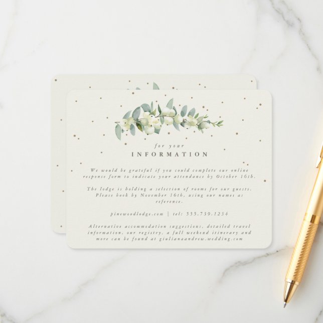 Cream Snowberry+Eucalyptus Stem Wedding Info Begleitkarte (Vorderseite/Rückseite Beispiel)