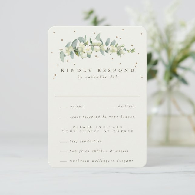 Cream Snowberry+Eucalyptus Stem Wedding RSVP Karte (Stehend Vorderseite)