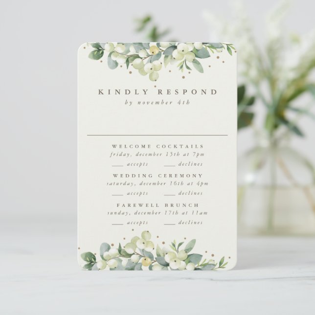 Cream Snowberry+Eucalyptus Wedding Multi-Event RSVP Karte (Stehend Vorderseite)