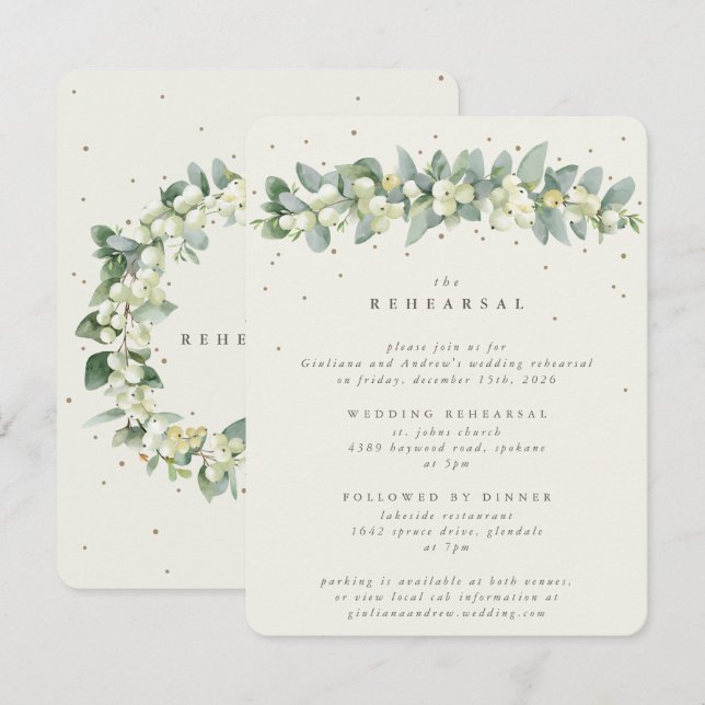 Cream Snowberry+Eucalyptus Wedding Probe Begleitkarte (Vorne/Hinten)