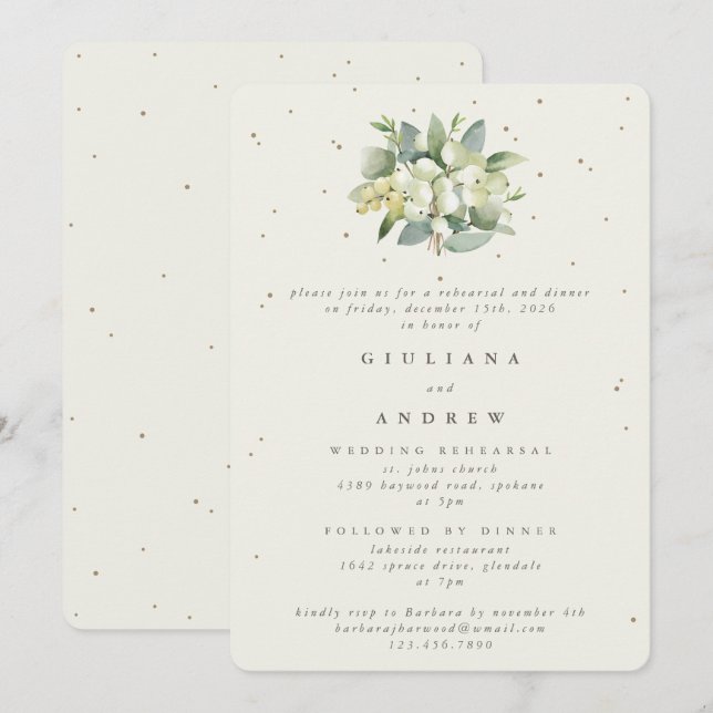 Cream Snowberry+Eucalyptus Wedding Probe Einladung (Vorne/Hinten)