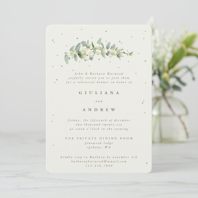 Cream Snowberry+Eucalyptus Wedding Probe Einladung (Stehend Vorderseite)