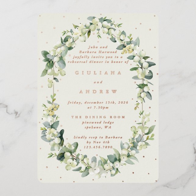 Cream Snowberry+Eucalyptus Wedding Probe Folieneinladung (Vorderseite)