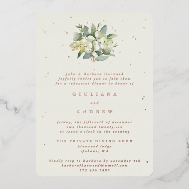 Cream Snowberry+Eucalyptus Wedding Probe Folieneinladung (Vorderseite)