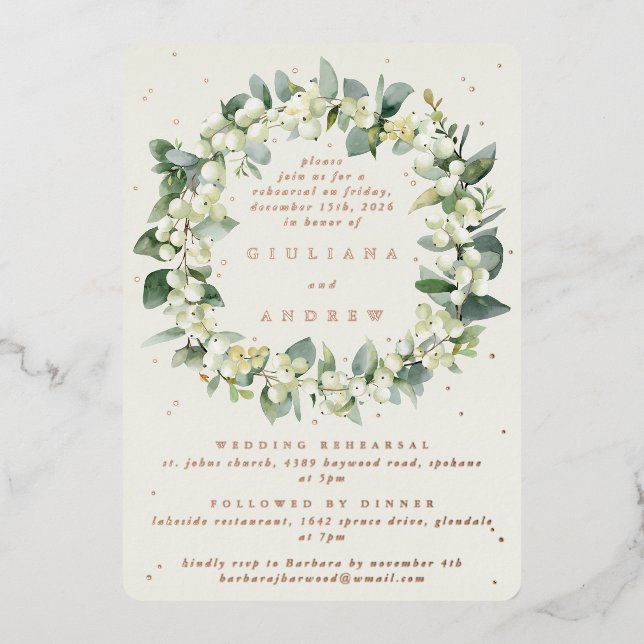 Cream Snowberry+Eucalyptus Wedding Probe Folieneinladung (Vorderseite)