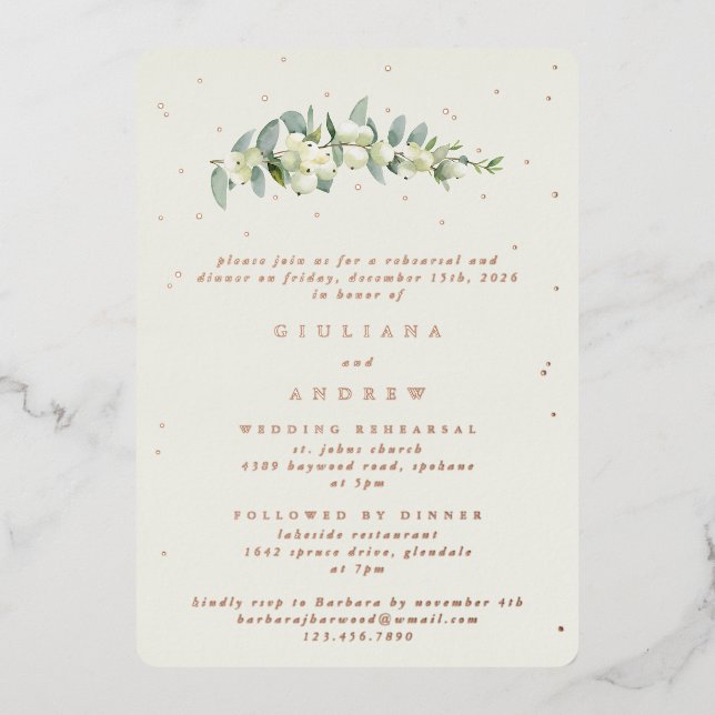 Cream Snowberry+Eucalyptus Wedding Probe Folieneinladung (Vorderseite)