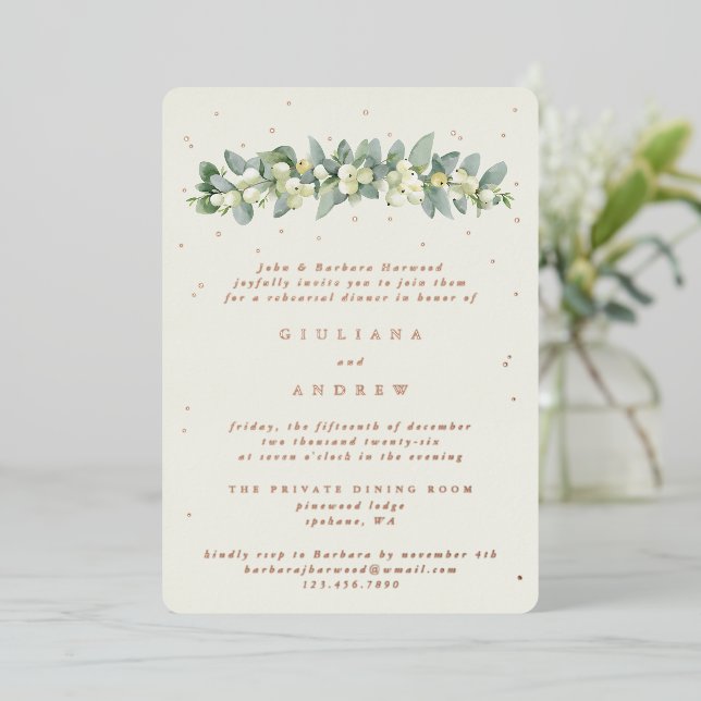 Cream Snowberry+Eucalyptus Wedding Probe Folieneinladung (Stehend vorne)