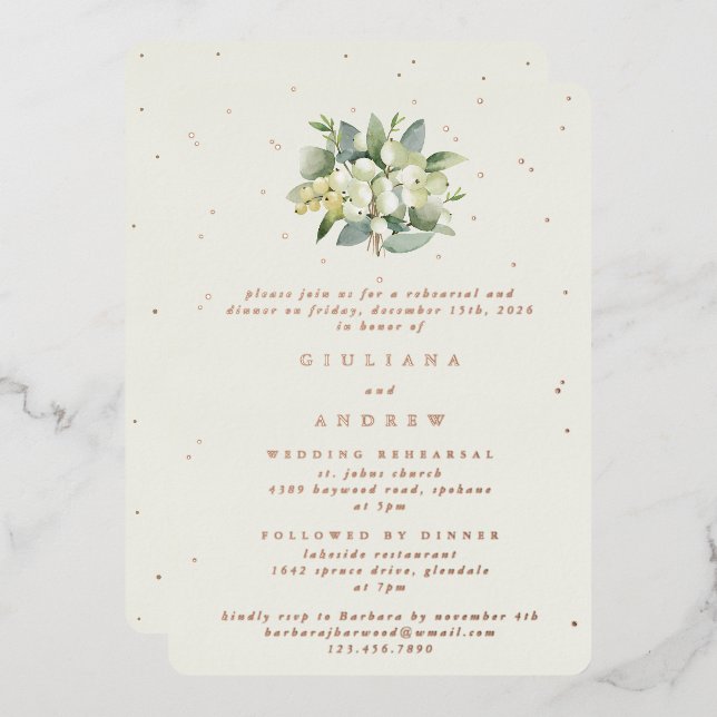 Cream Snowberry+Eucalyptus Wedding Probe Folieneinladung (Vorderseite/Rückseite)
