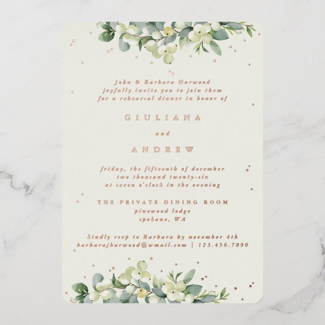 Cream Snowberry+Eucalyptus Wedding Probe Folieneinladung (Vorderseite)