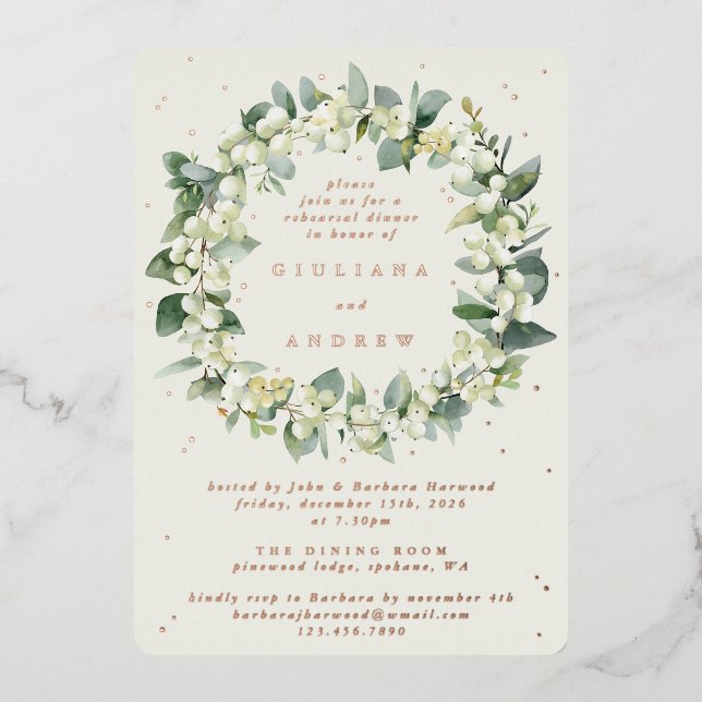 Cream Snowberry+Eucalyptus Wedding Probe Folieneinladung (Vorderseite)