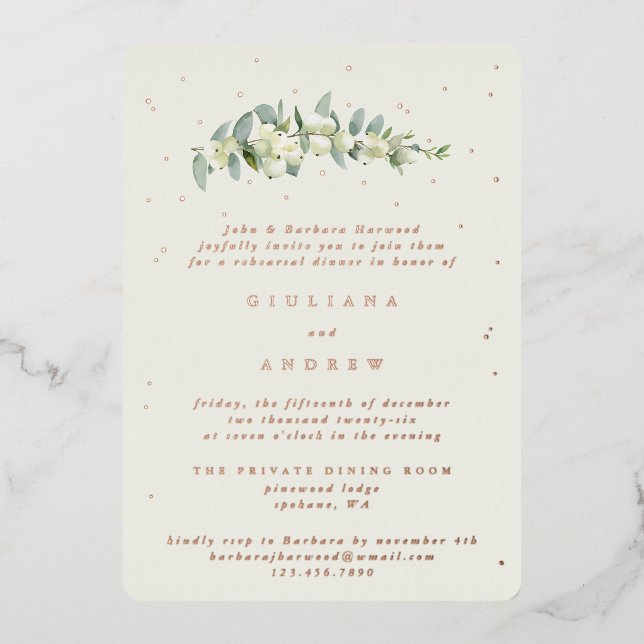 Cream Snowberry+Eucalyptus Wedding Probe Folieneinladung (Vorderseite)
