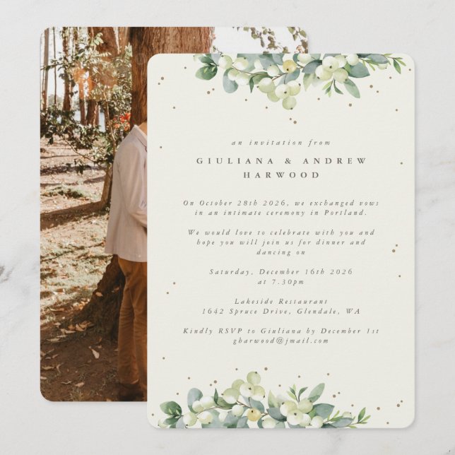 Cream Snowberry+Eucalyptus Wedding Reception Foto Einladung (Vorne/Hinten)