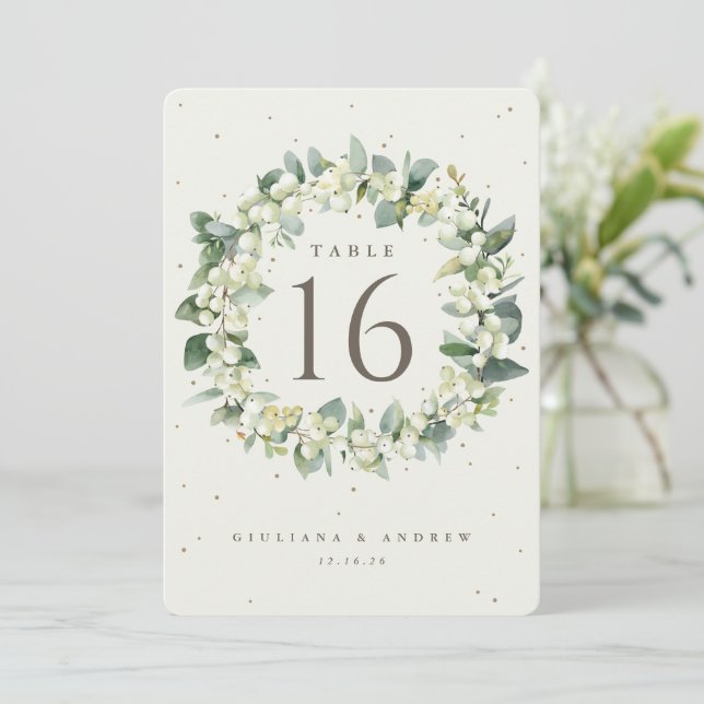 Cream Snowberry+Eucalyptus Wedding Tischnummer (Stehend Vorderseite)