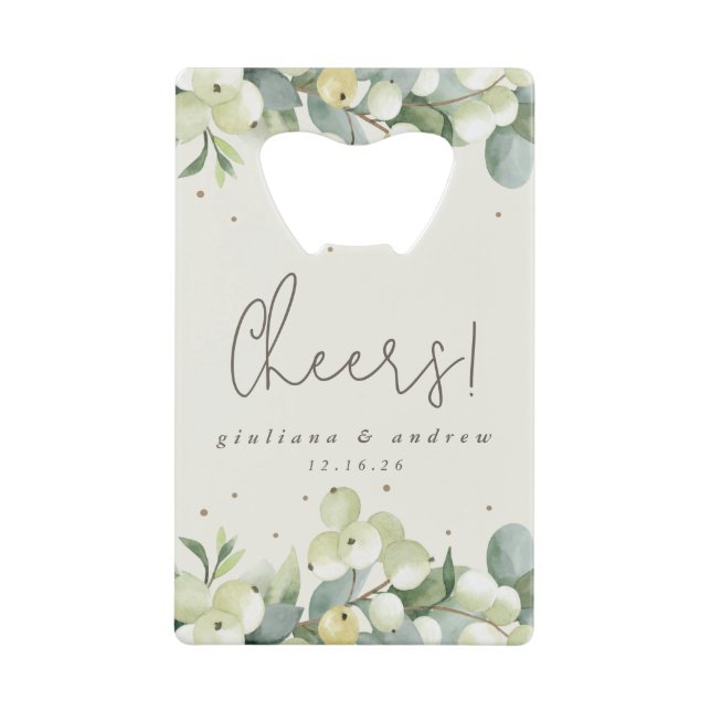 Cream Snowberry+Eucalyptus Winter Wedding Mini Geldbeutel Flaschenöffner (Vorderseite)