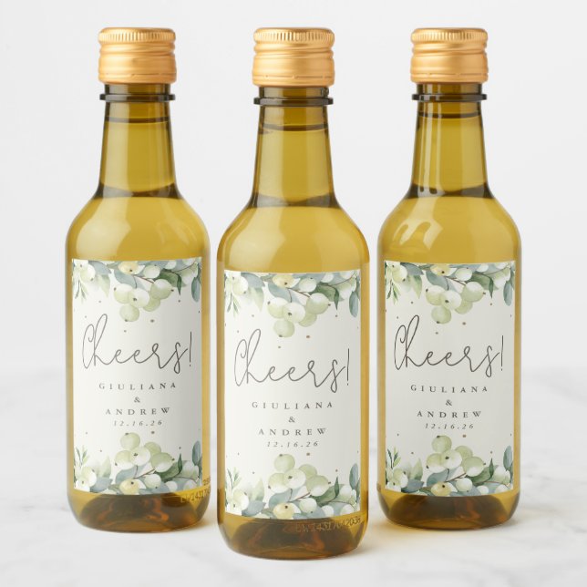 Cream Snowberry+Eucalyptus Winter Wedding Mini Weinetikett (Flaschen)