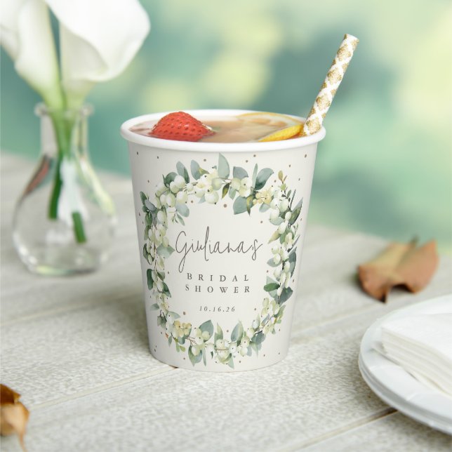 Cream Snowberry+Eucalyptus Wreath Brautparty Pappbecher (In Situ)