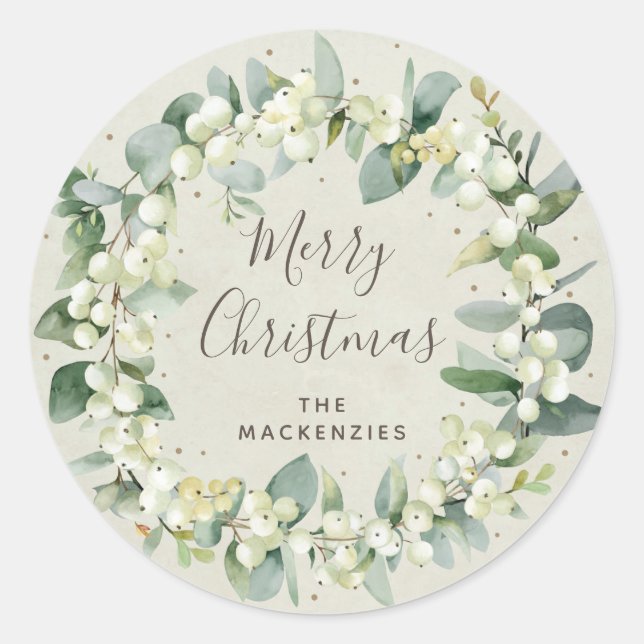 Cream Snowberry+Eucalyptus Wreath Frohe Weihnachte Runder Aufkleber (Vorderseite)