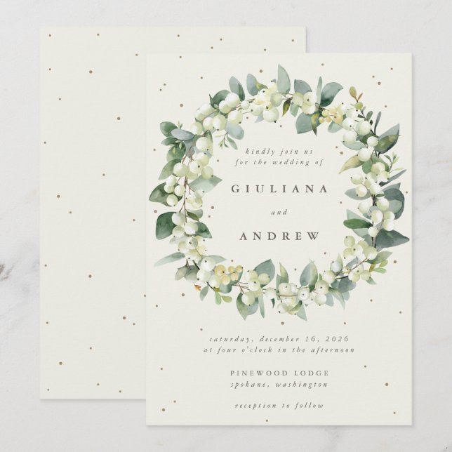 Cream Snowberry+Eucalyptus Wreath Winter Wedding Einladung (Vorne/Hinten)
