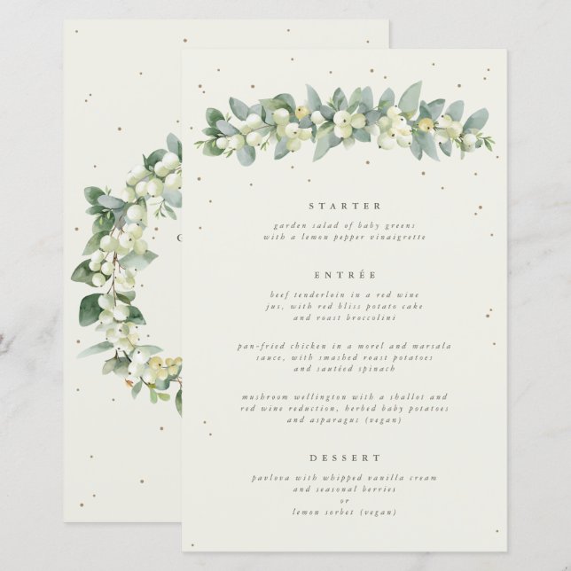 Cream Snowberry + Eukalyptus 3 Course Wedding Menu (Vorne/Hinten)