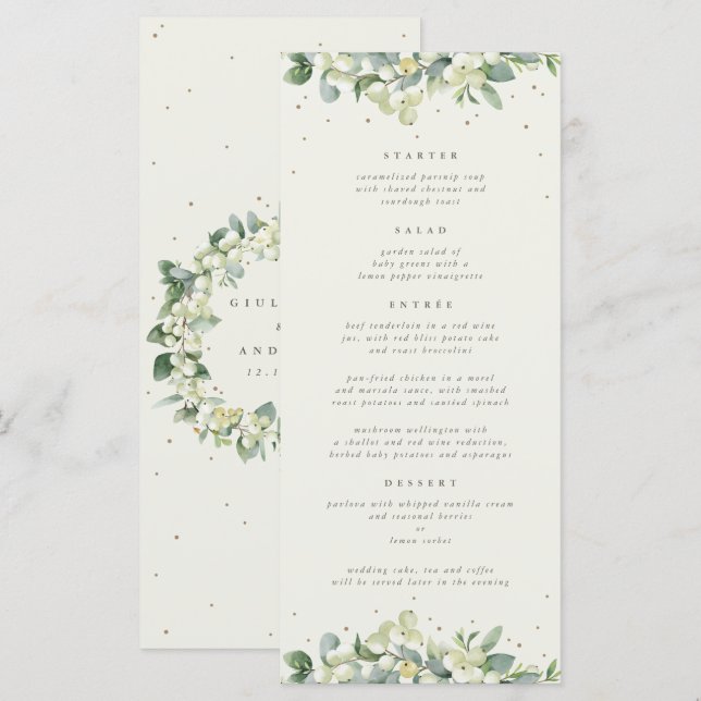 Cream Snowberry+Eukalyptus 4 Course Hochzeitswohnu Menükarte (Vorne/Hinten)