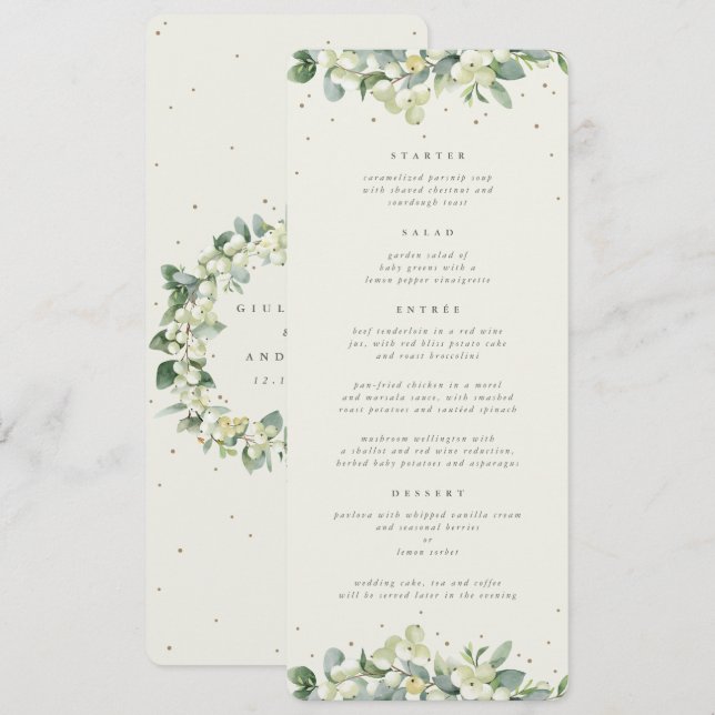 Cream Snowberry+Eukalyptus 4 Course Hochzeitswohnu Menükarte (Vorne/Hinten)