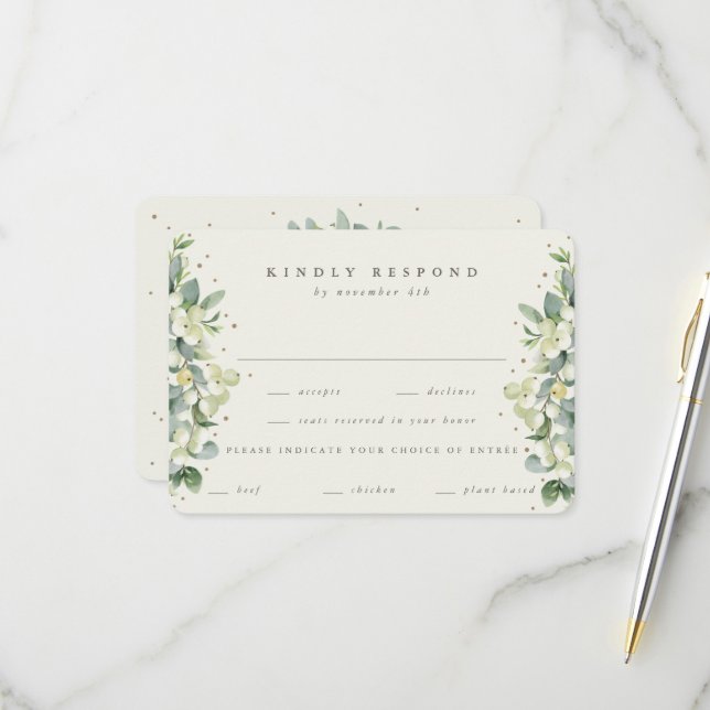 Cream Snowberry+Eukalyptus EATD Winterhochzeit RSVP Karte (Vorderseite/Rückseite Beispiel)