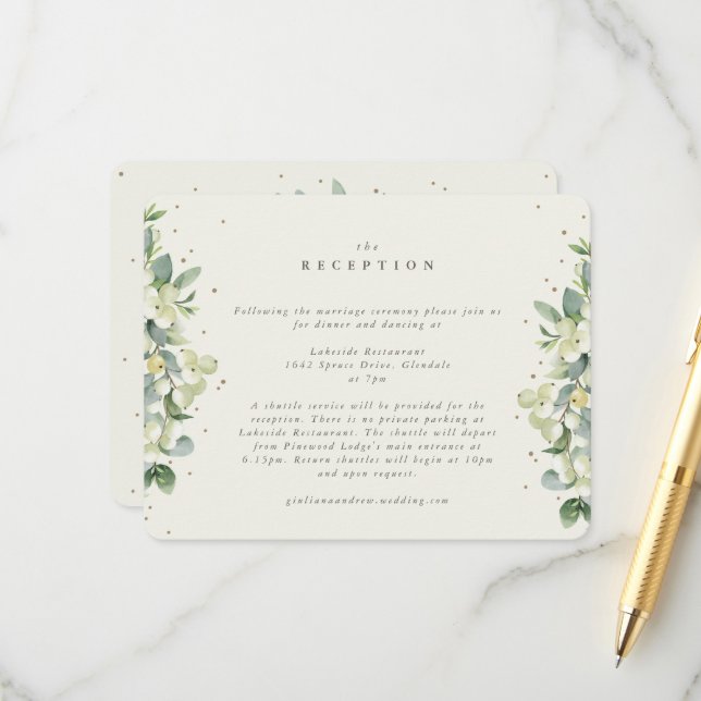 Cream Snowberry+Eukalyptus Ewedding Empfang Begleitkarte (Vorderseite/Rückseite Beispiel)