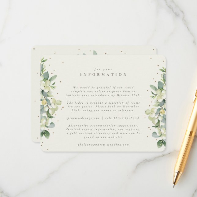 Cream Snowberry+Eukalyptus Ewedding Info Begleitkarte (Vorderseite/Rückseite Beispiel)