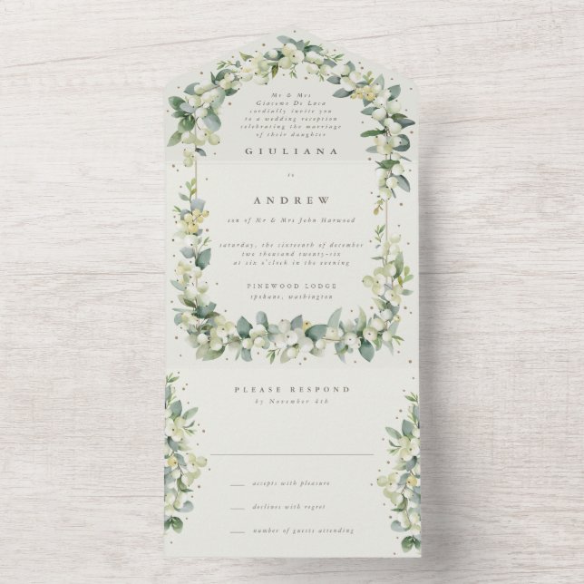 Cream Snowberry+Eukalyptus Hochzeitempfang All In One Einladung (Innen Boden)
