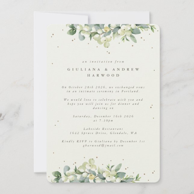 Cream Snowberry+Eukalyptus Hochzeitempfang Einladung (Vorderseite)