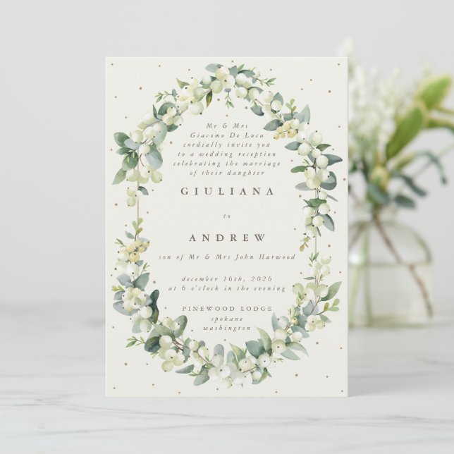Cream Snowberry+Eukalyptus Hochzeitempfang Einladung (Stehend Vorderseite)