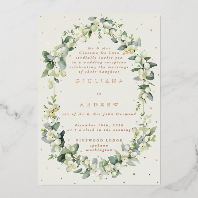 Cream Snowberry+Eukalyptus Hochzeitempfang Folieneinladung (Vorderseite)