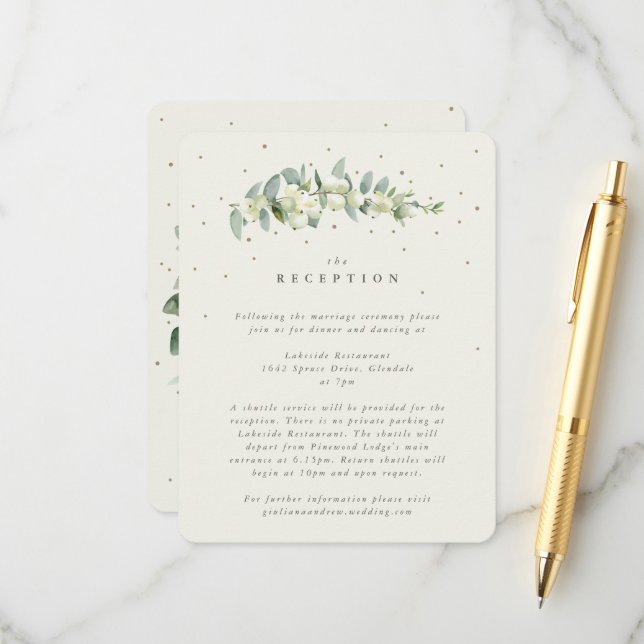 Cream Snowberry+Eukalyptus Stem Hochzeitempfang Begleitkarte (Vorderseite/Rückseite Beispiel)