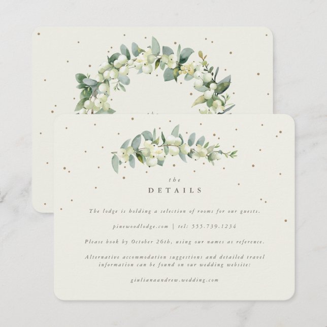 Cream Snowberry+Eukalyptus Stem Wedding Details Begleitkarte (Vorne/Hinten)