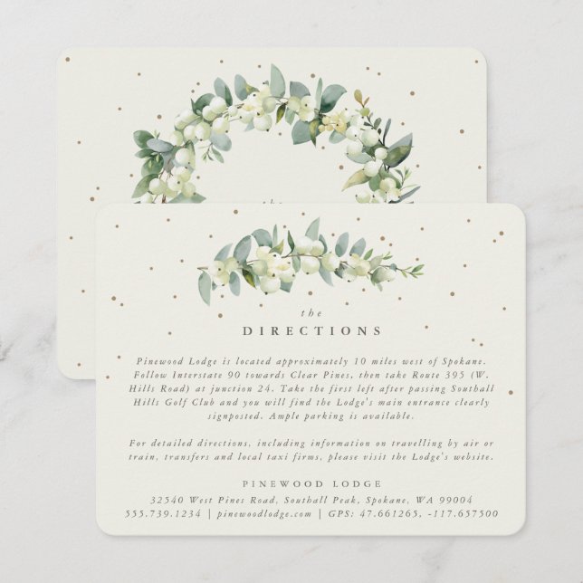 Cream Snowberry+Eukalyptus Stem Wedding Directions Begleitkarte (Vorne/Hinten)