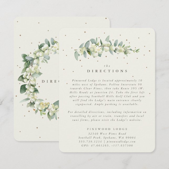 Cream Snowberry+Eukalyptus Stem Wedding Directions Begleitkarte (Vorne/Hinten)