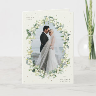 Cream Snowberry+Eukalyptus Wedding Foto geklappt Dankeskarte