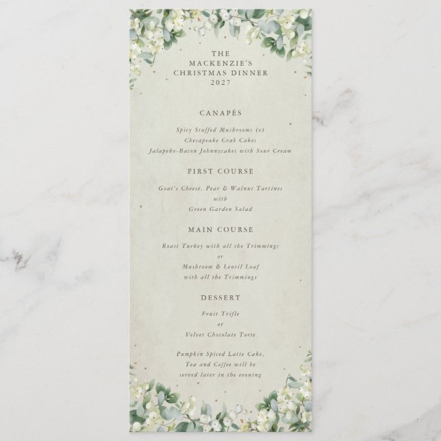 Cream Snowberry Weihnachtsessen Abendessen Flat 4  Menükarte (Vorderseite)