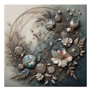 Cream Teal 3D skulpturale botanische florale Wandk Poster