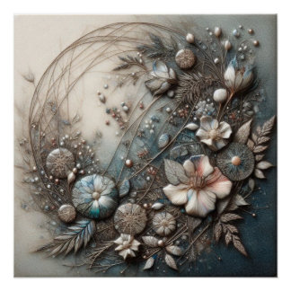 Cream Teal 3D skulpturale botanische florale Wandk Poster