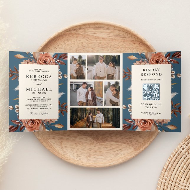 Cream Terracotta Floral QR Code Dusty Blue Wedding Dreifach Gefaltete Einladung (Von Creator hochgeladen)