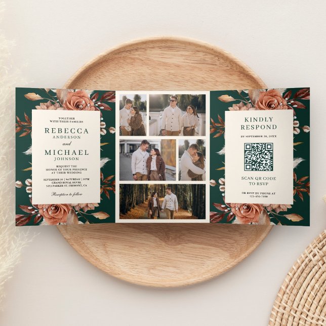 Cream Terracotta Floral QR Code Emerald Wedding Dreifach Gefaltete Einladung (Von Creator hochgeladen)