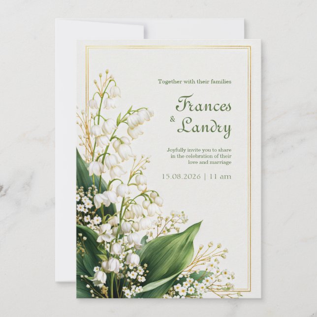 Cream Textured Lily Valley Gold Frame Wedding Einladung (Vorderseite)