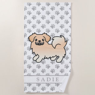 Cream Tibetan Spaniel Süßer Cartoon-Hund & Name Strandtuch