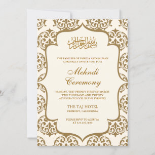Cream- und Gold-Damaskus-islamische Mehndi-Zeremon Einladung