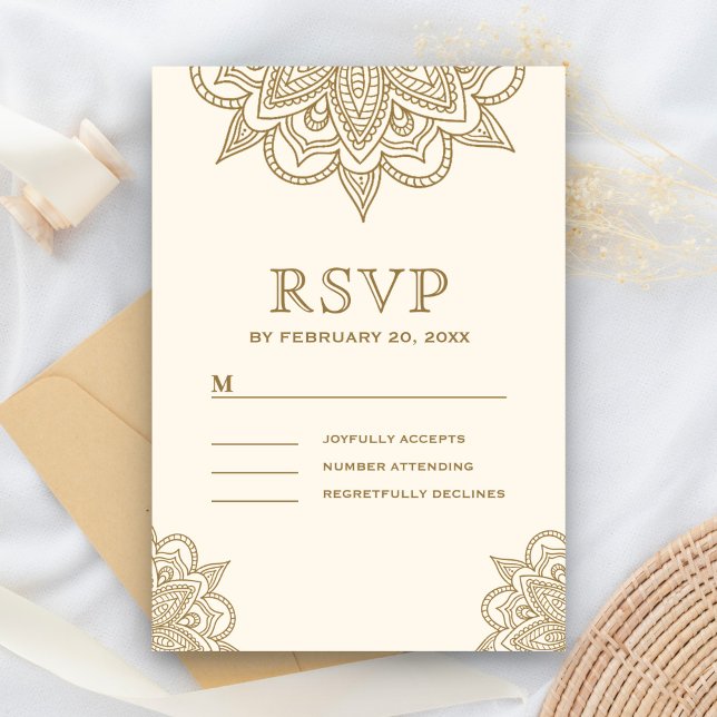 Cream und Gold Henna Mehndi Wedding RSVP Karte (Von Creator hochgeladen)