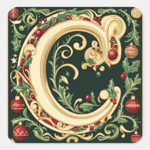 Cream und Gold Letter C mit Weihnachtsgrün Quadratischer Aufkleber