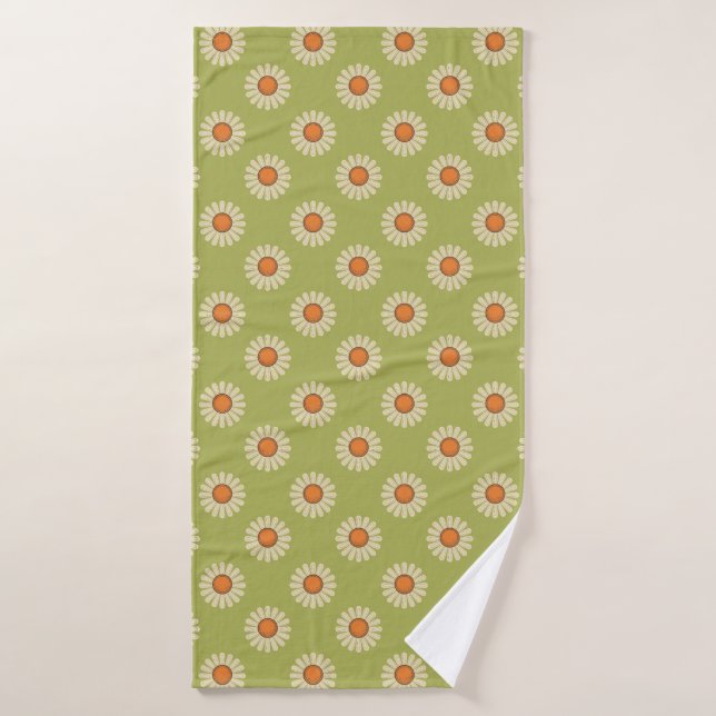 Cream und Orange Daisis auf Avocado Green Pattern Badehandtuch (Badehandtuch)