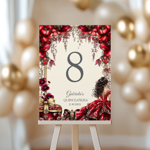 Cream und Rot Goldenes Diadem Florales Quinceañera Tischnummer